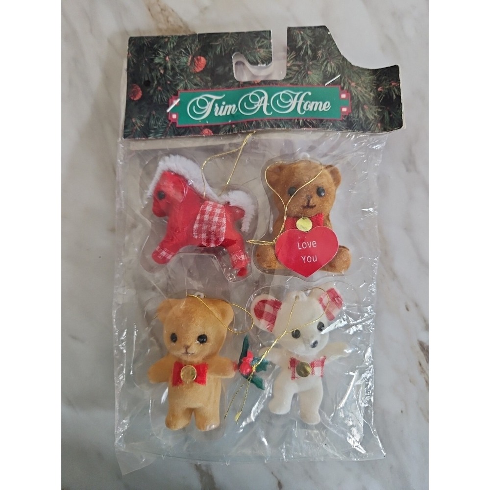 VTG NOS Christmas Ornaments Thailand Flock Snowman Santa Bear Mouse